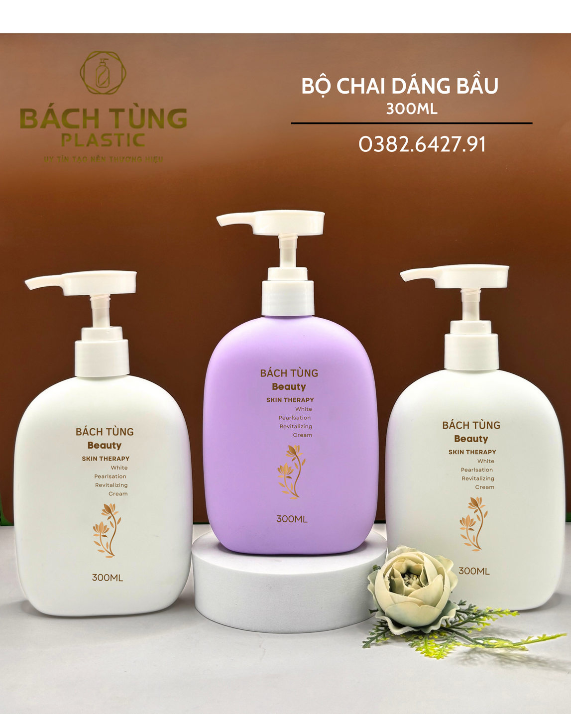 Chai HDPE Dáng Bầu - HDPE - 300ml - Màu Tím và Màu Trắng, cổ Fi 24