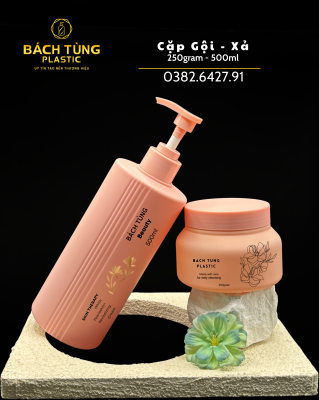 SHAMPOO & CONDITIONER PACKAGING SET – 250G JAR + 500ML RIBBED ROUND BOTTLE – SOFT PINK HDPE