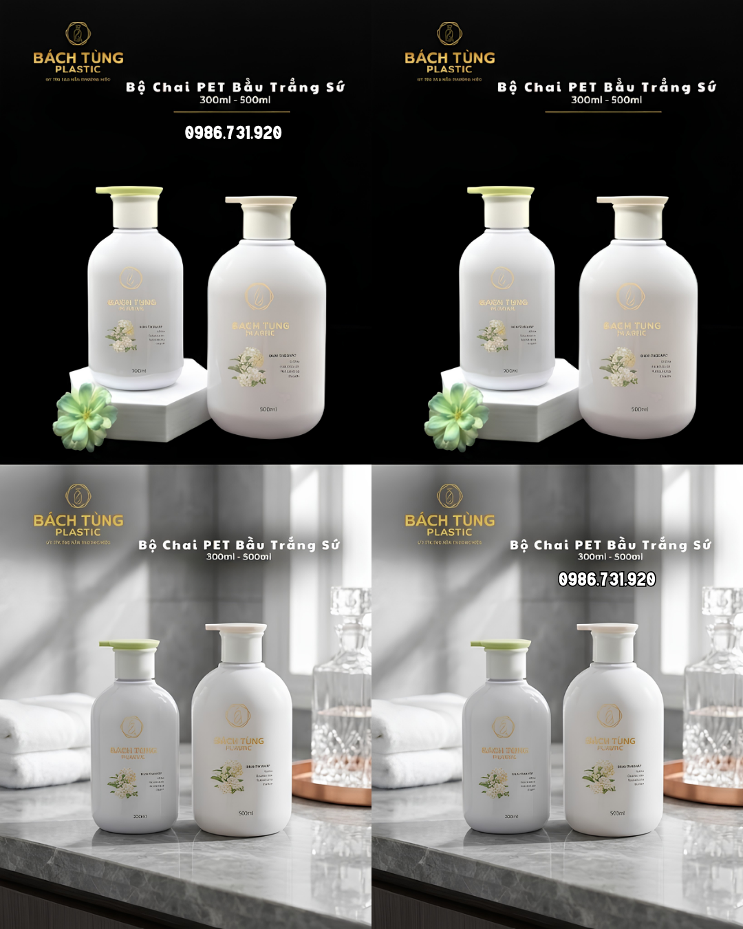 BỘ CHAI PET DÁNG BẦU TRẮNG SỨ – 300ML & 500ML – VÒI NHẤN ĐẦU TO