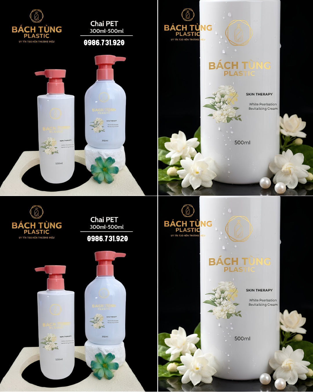 CHAI PET DÁNG TRỤ & DÁNG BẦU 300ML – 500ML, MÀU TRẮNG ĐỤC, KẾT HỢP VÒI NHẤN HỒNG