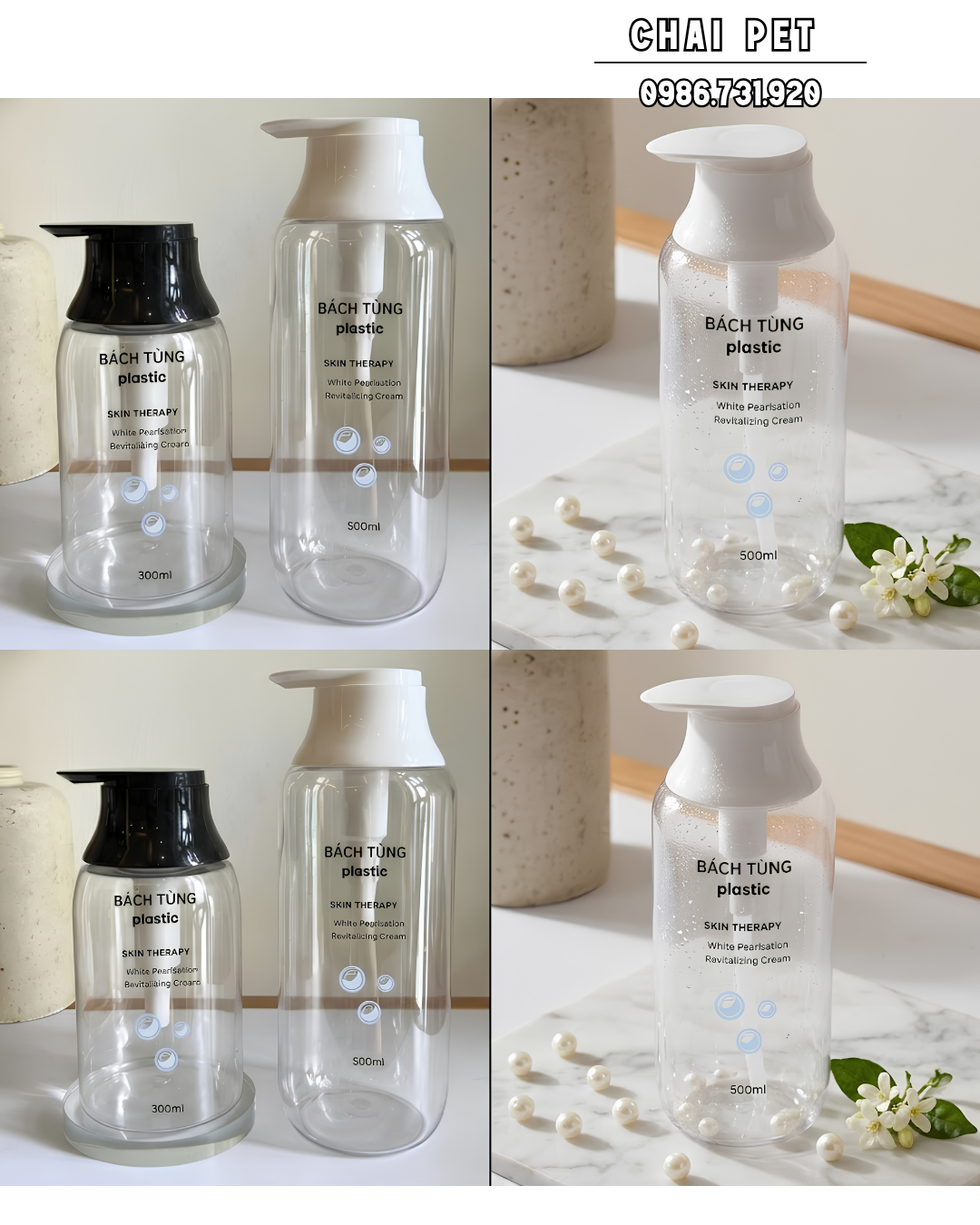 CHAI PET TRONG SUỐT DÁNG TRÒN – 300ML & 500ML – KẾT HỢP NẮP PUMP TRẮNG/ĐEN