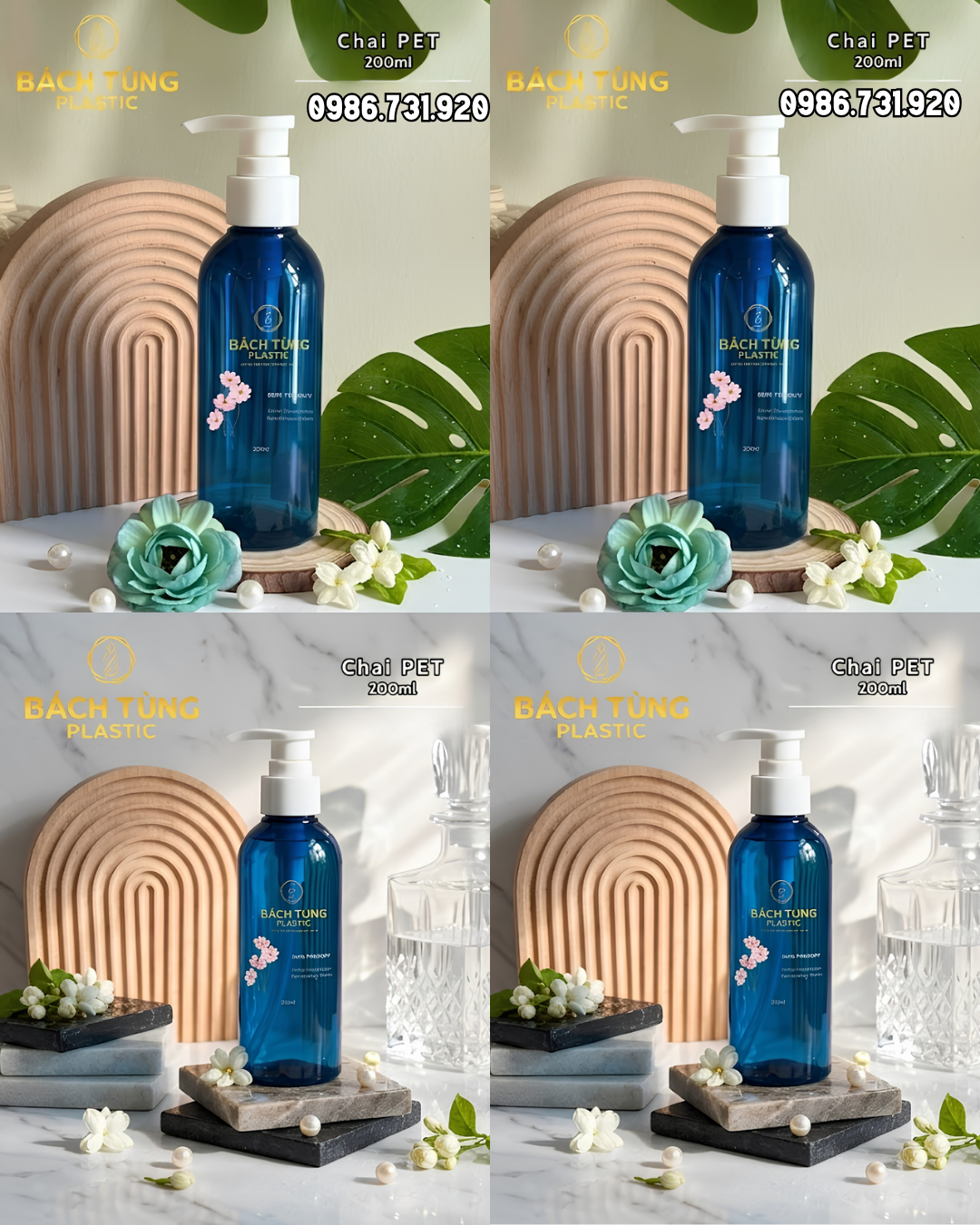 CHAI PET DÁNG BẦU 200ML – MÀU XANH DƯƠNG ĐẬM – VÒI NHẤN FI24