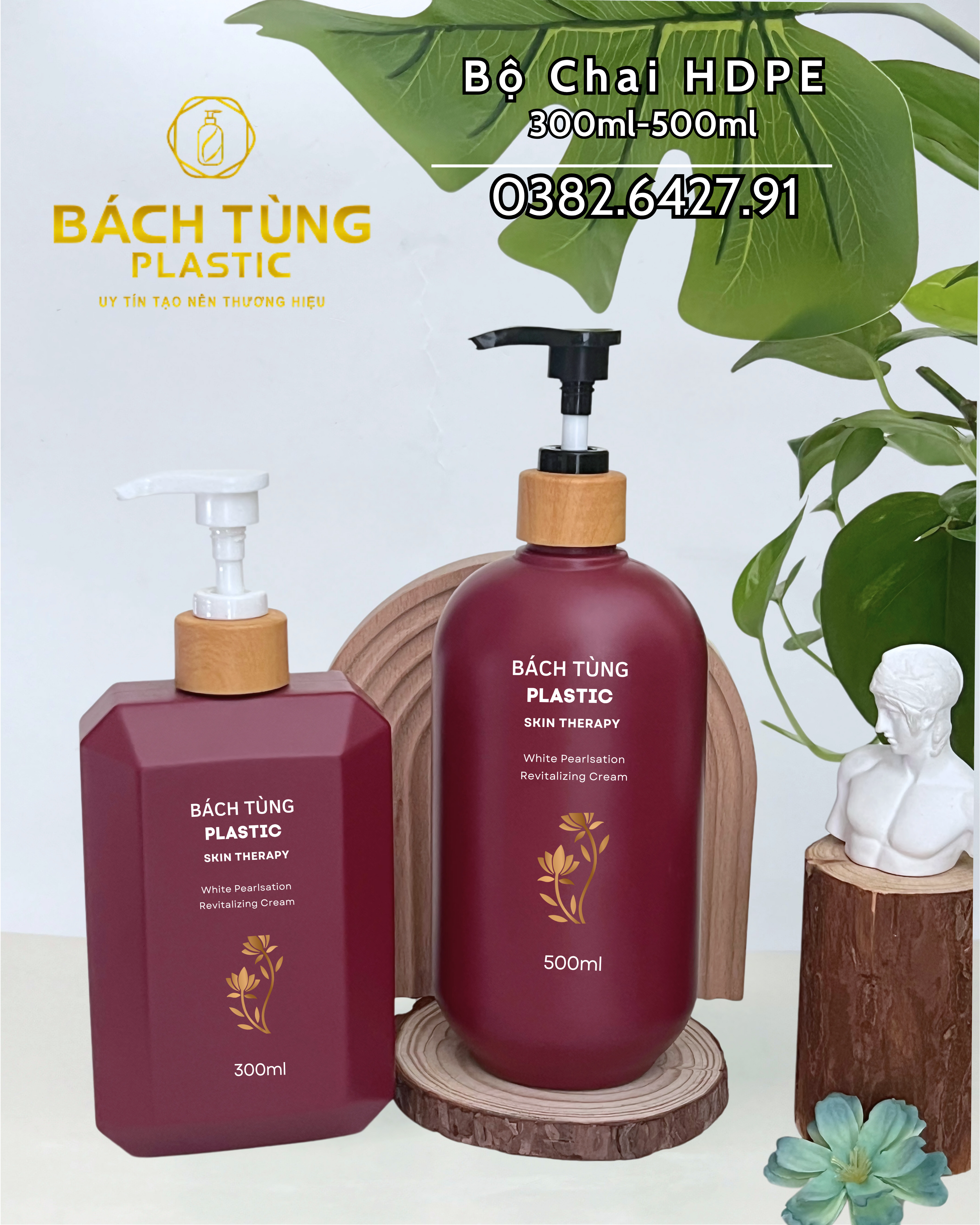 Bộ chai HDPE màu đỏ rượu cao cấp gồm dáng vuông 300ml và dáng tròn 500ml
