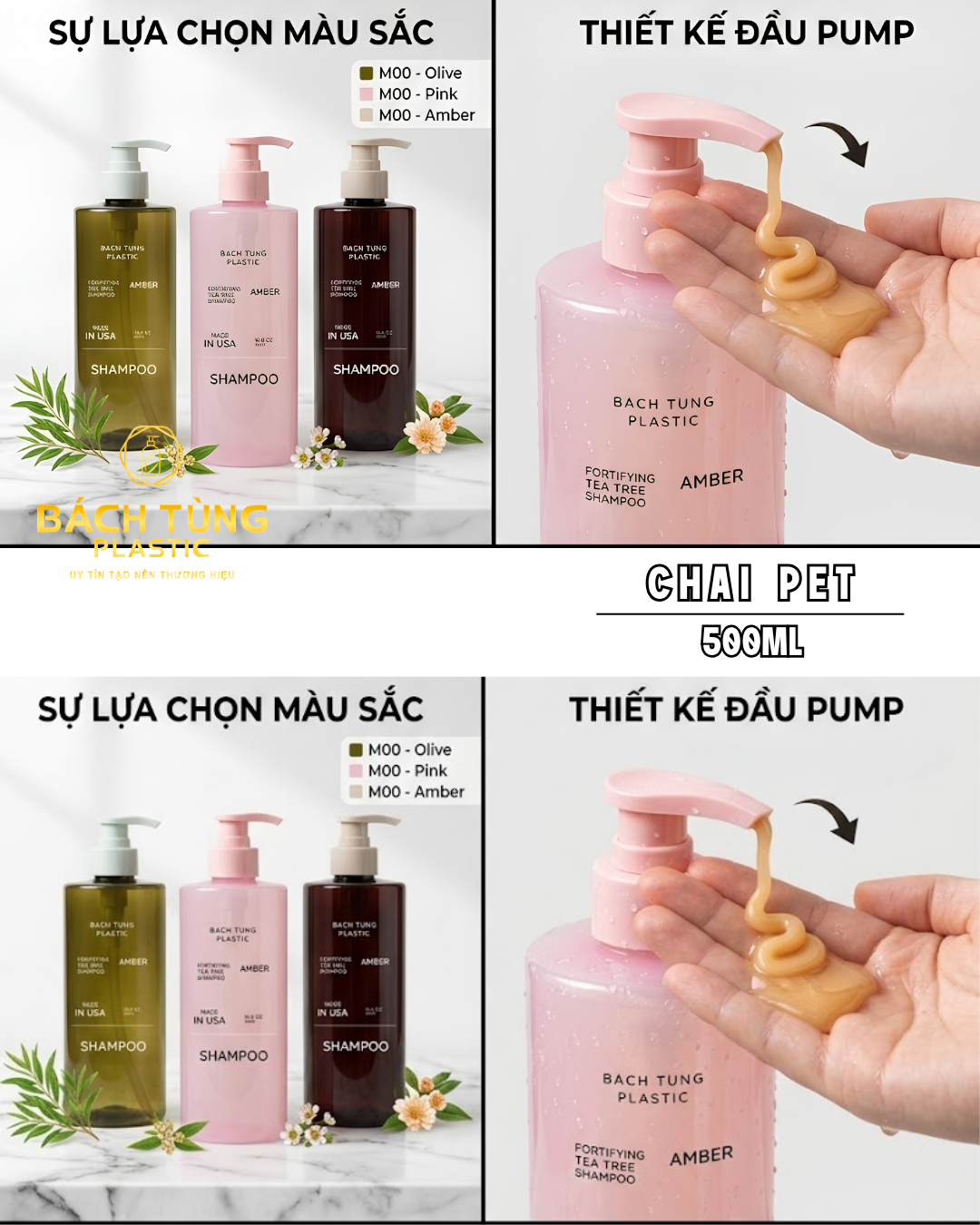 CHAI PET 500ML VAI NGANG – FI28 | HỒNG | XANH | TRONG | NÂU