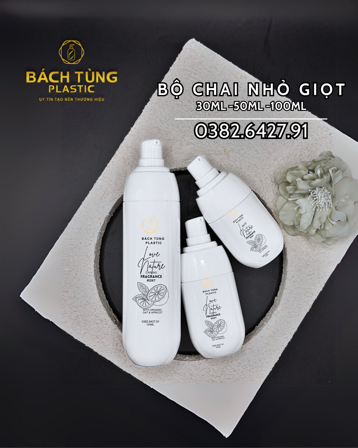 Bộ Chai Nhỏ Giọt 30ml - 50ml - 100ml Thân Trắng Sứ Nắp Trong