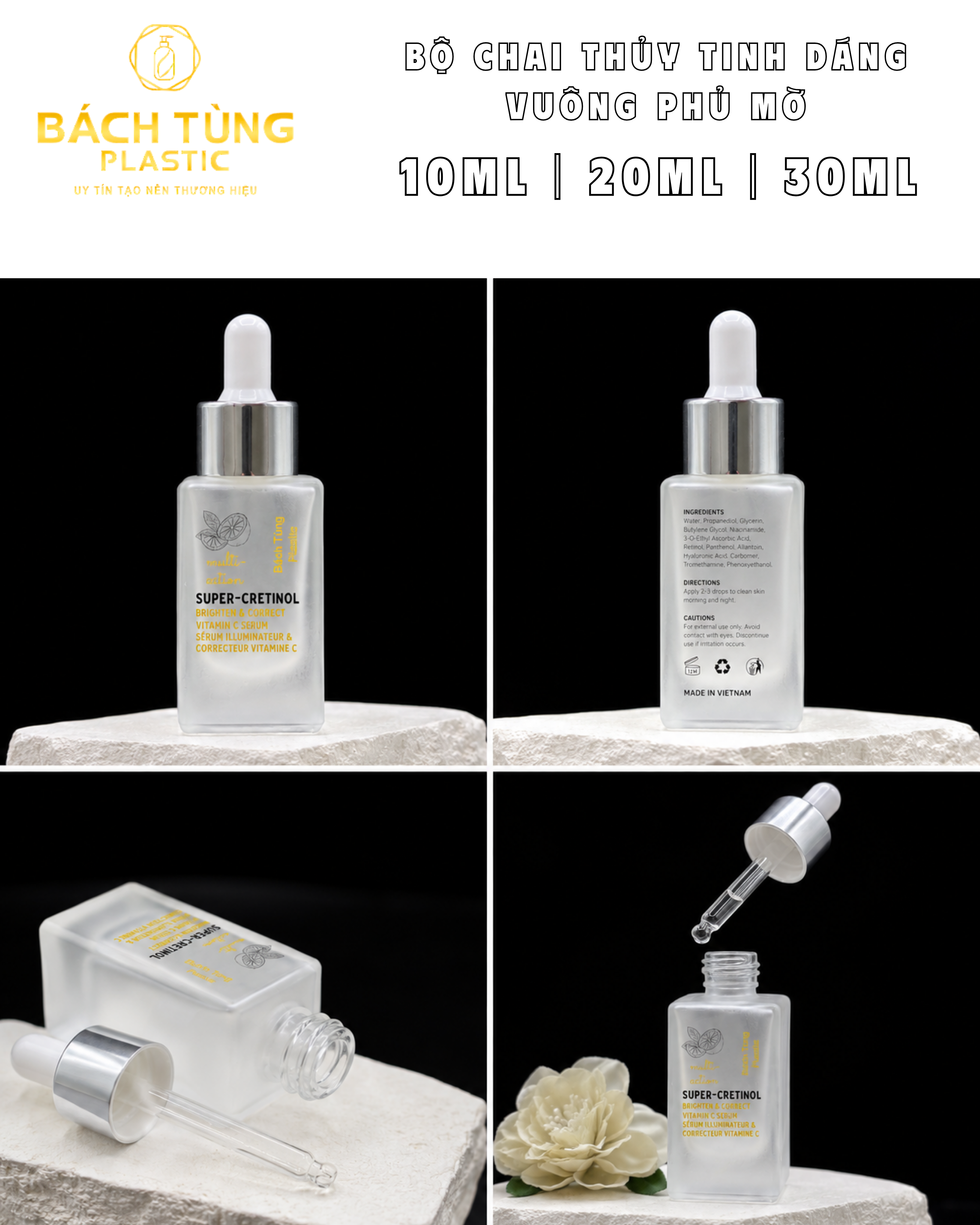 BỘ CHAI THỦY TINH DÁNG VUÔNG PHỦ MỜ – 10ML | 20ML | 30ML