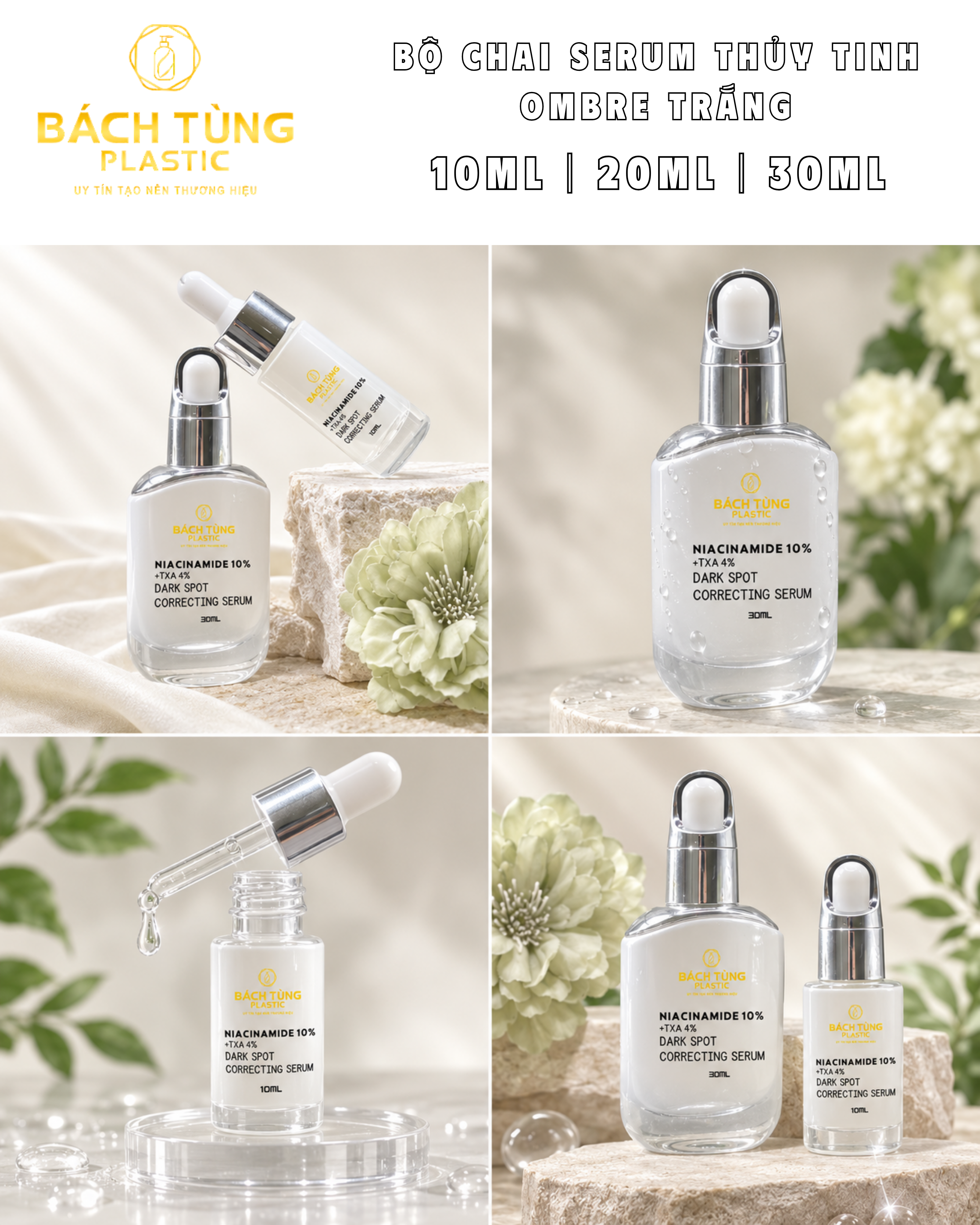 BỘ CHAI SERUM THỦY TINH OMBRE TRẮNG – 10ML | 30ML