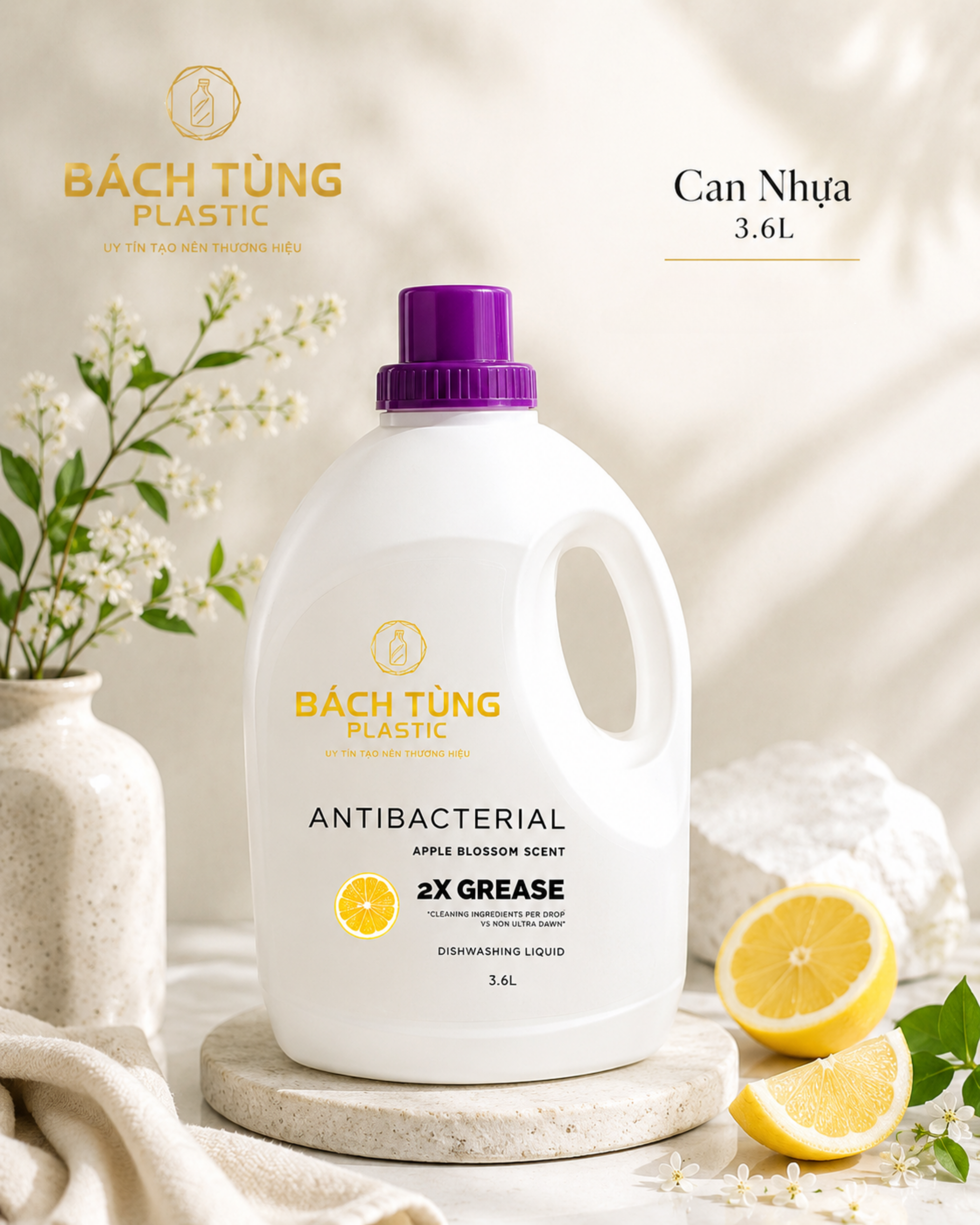 CAN NHỰA HDPE 3.6L – MÀU TRẮNG, NẮP TÍM