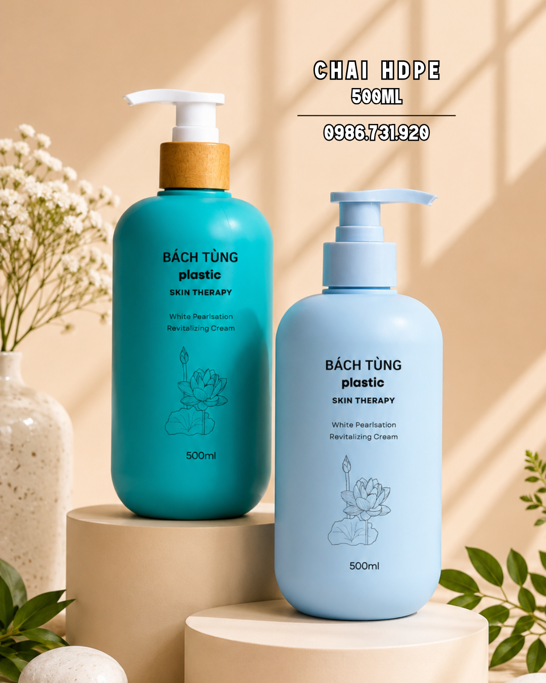 Chai HDPE Dáng Tròn 500ml – Màu Xanh Baby Blue & Xanh Cổ Vịt – Cổ FI28