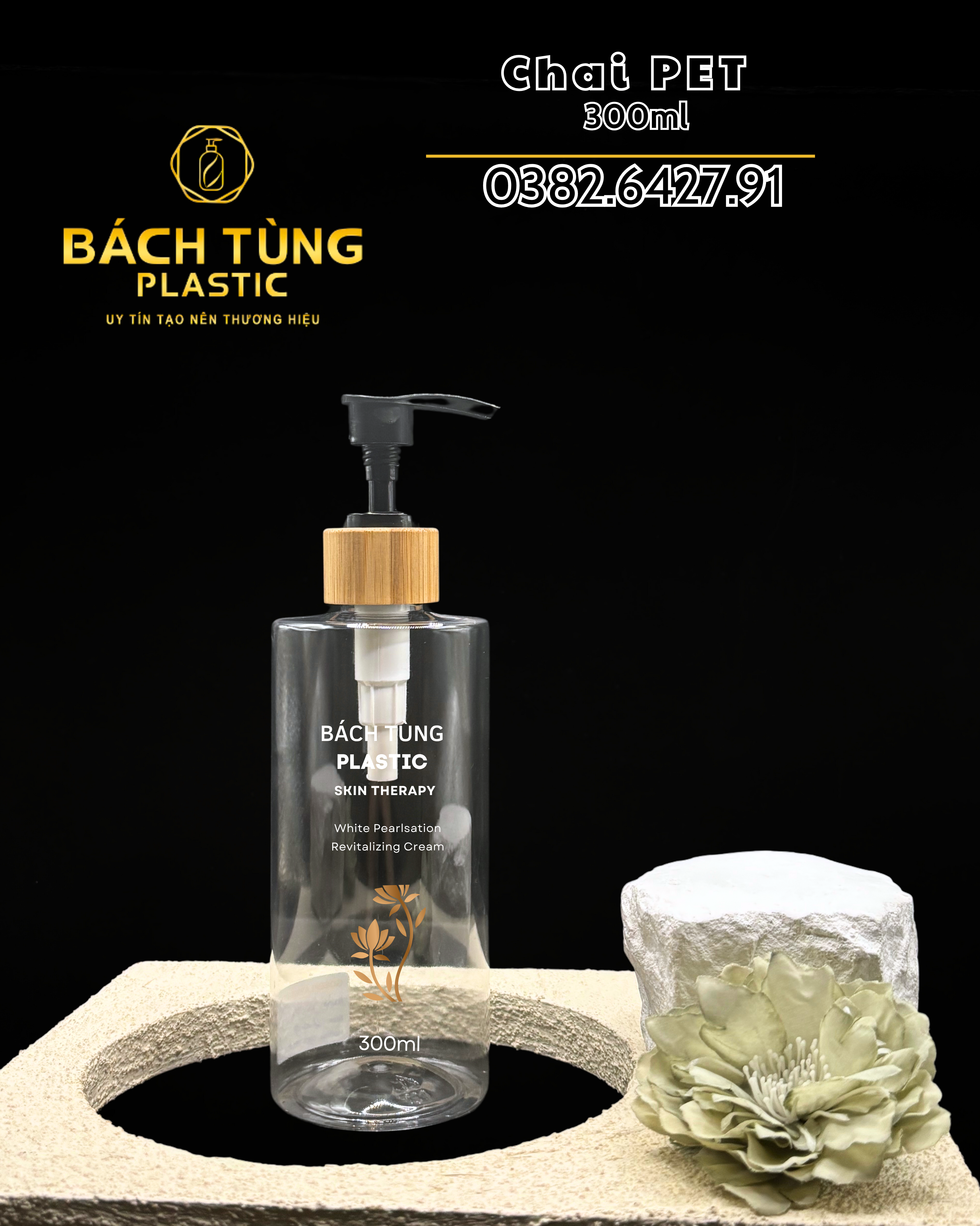 Chai PET Trong Đáy Tròn Vai Vuông 300ml – Kết Hợp Nắp Gỗ