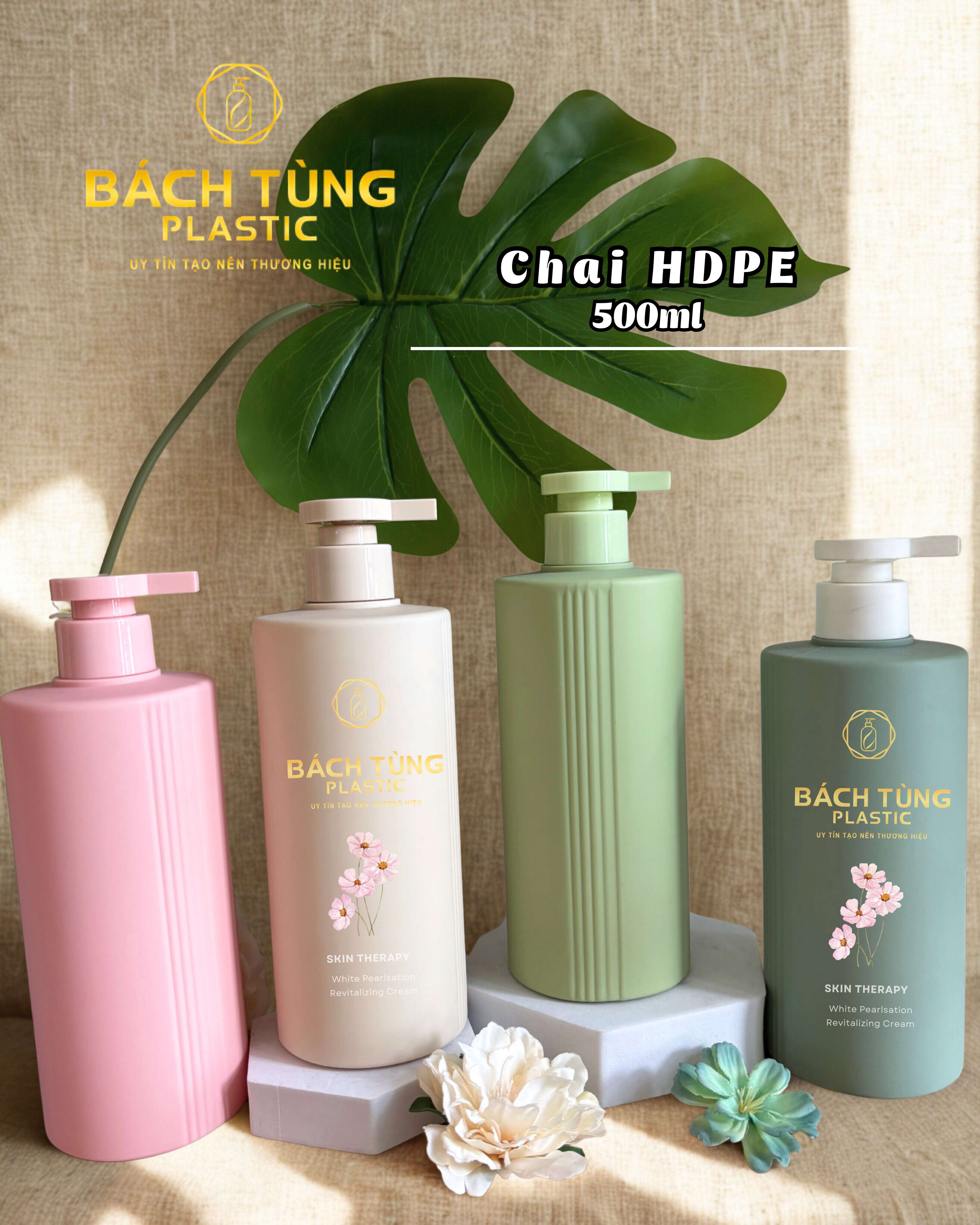 CHAI HDPE 500ML SỌC DỌC THÂN CHAI – KẾT HỢP VÒI NHẤN MỚI FI28 | BÁCH TÙNG