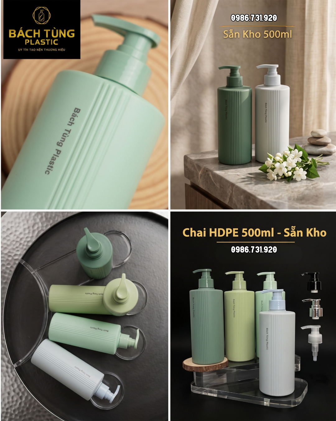 BỘ CHAI HDPE TONE XANH – DÁNG TRỤ CAO, 3 SỌC NỔI