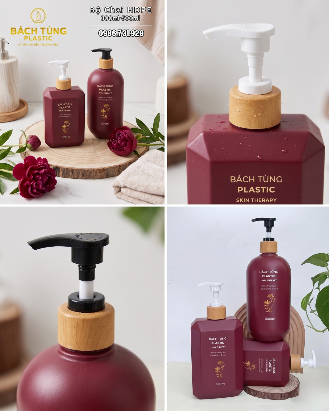 Bộ chai HDPE màu đỏ rượu cao cấp gồm dáng vuông 300ml và dáng tròn 500ml