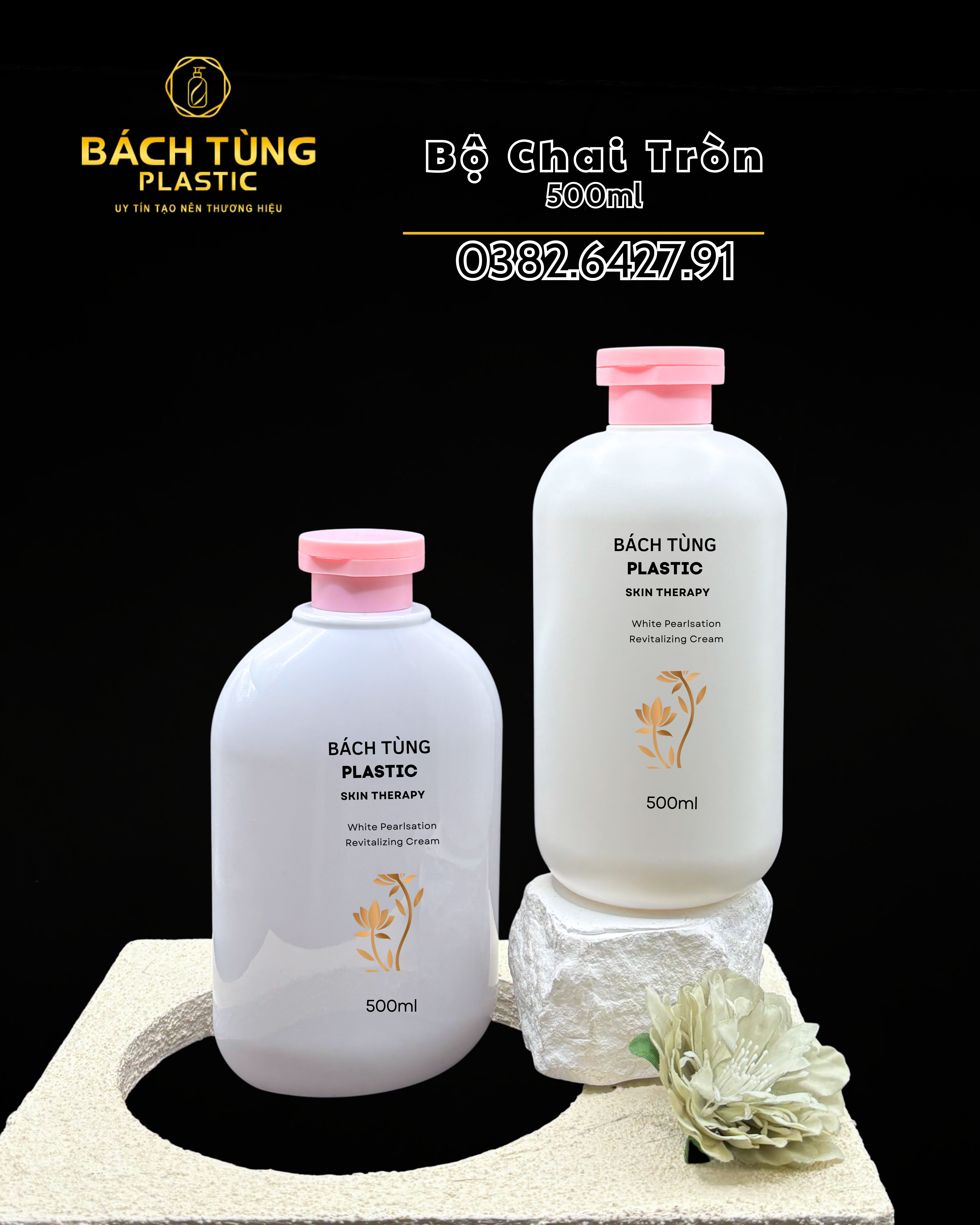 BỘ CHAI 500ML – PET BẦU & HDPE TRÒN – MÀU TRẮNG + NẮP BẬT HỒNG (FI28)