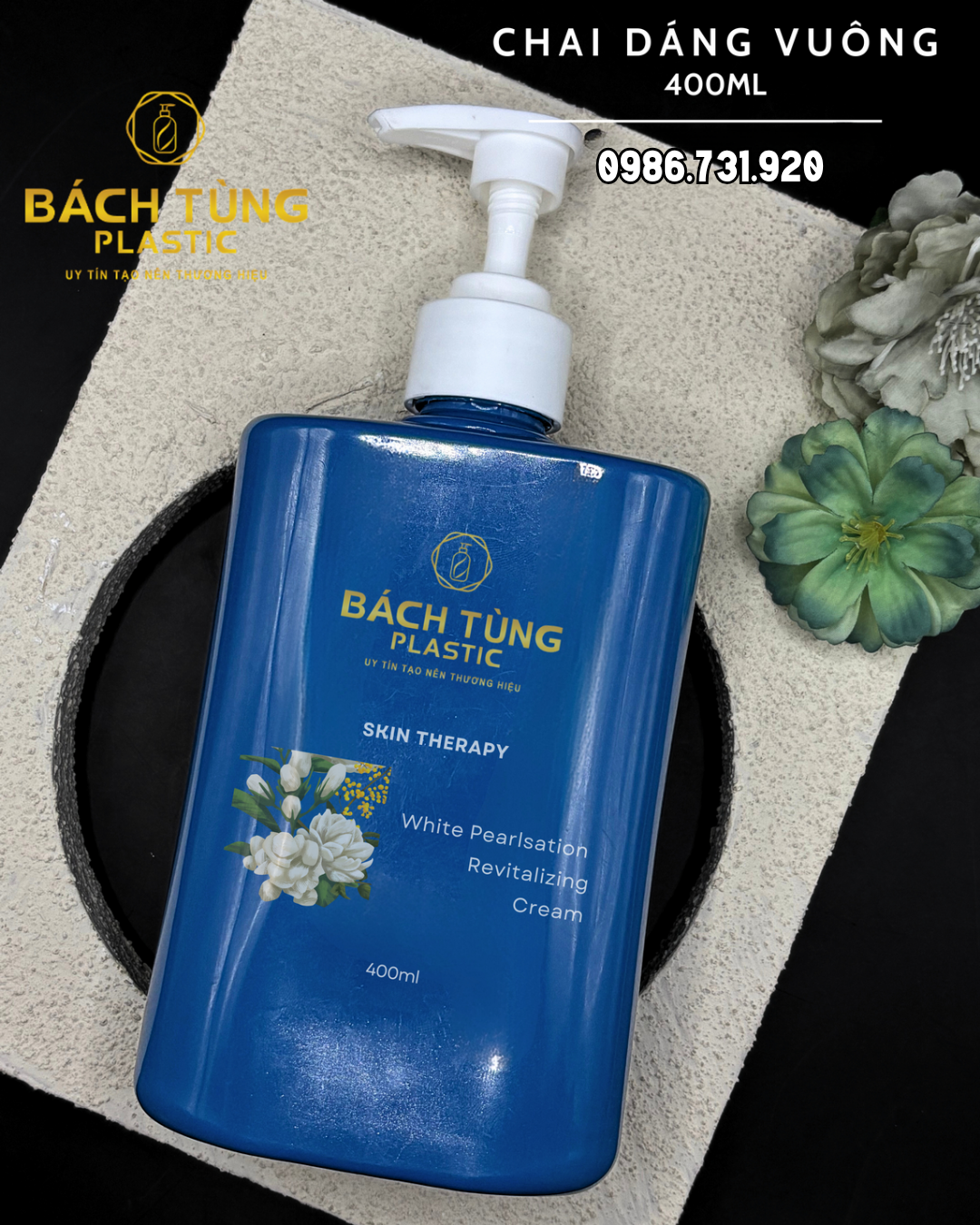 Chai PET - Dáng Vuông -  400ml - Màu Xanh Dương