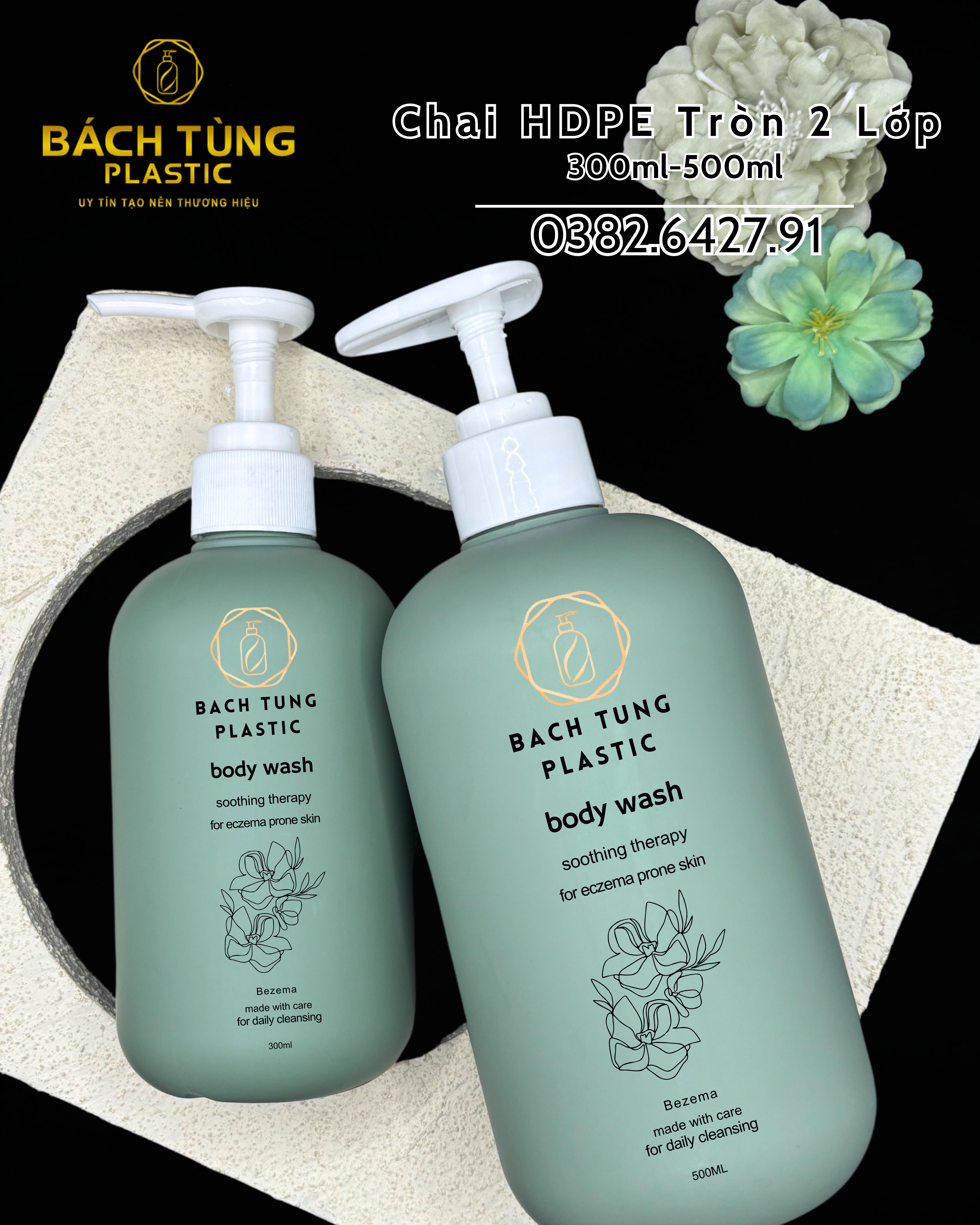 Bộ Chai HDPE Màu Xanh Đậm Dáng Tròn – 300ml & 500ml – 2 Lớp