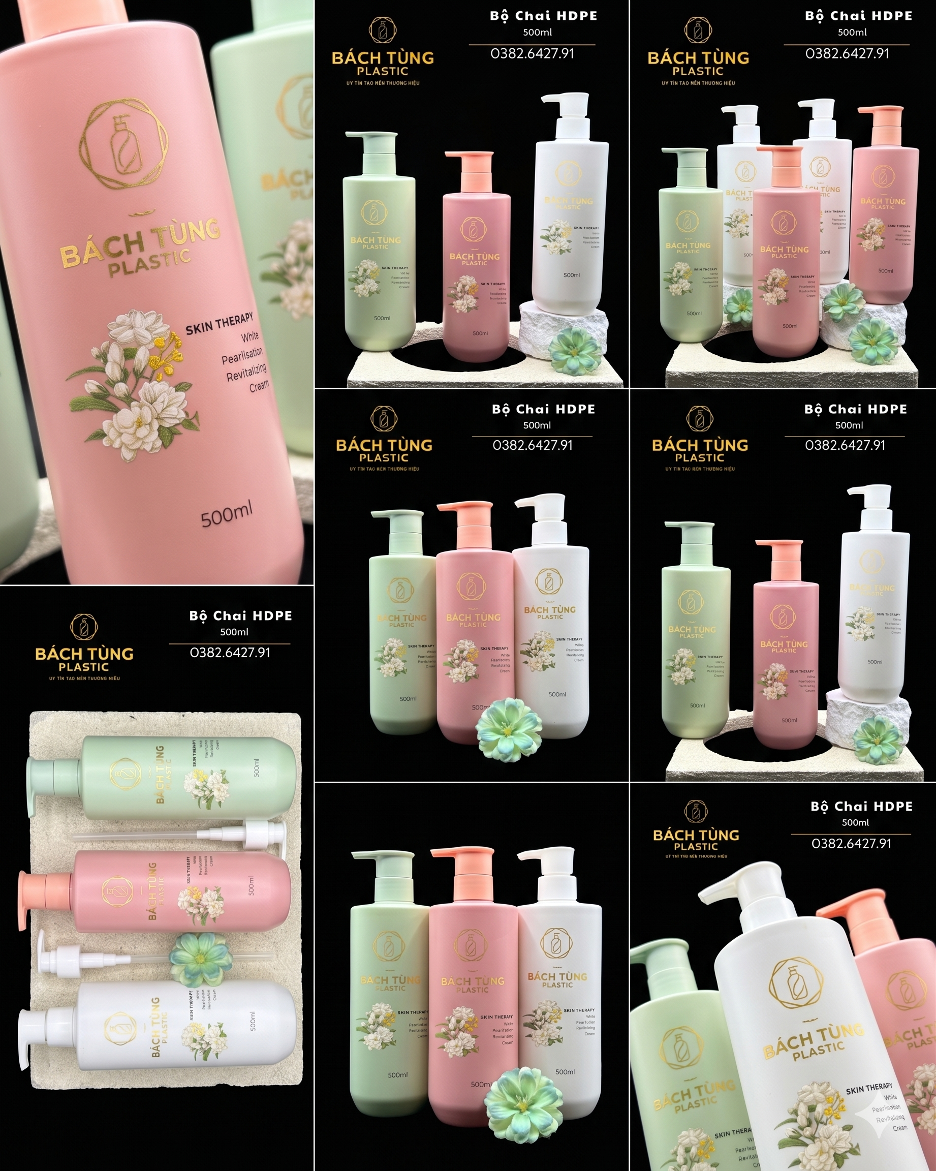 BỘ CHAI PET TRÒN DÀI 500ML – TRẮNG | HỒNG | XANH – NẮP ĐỒNG BỘ
