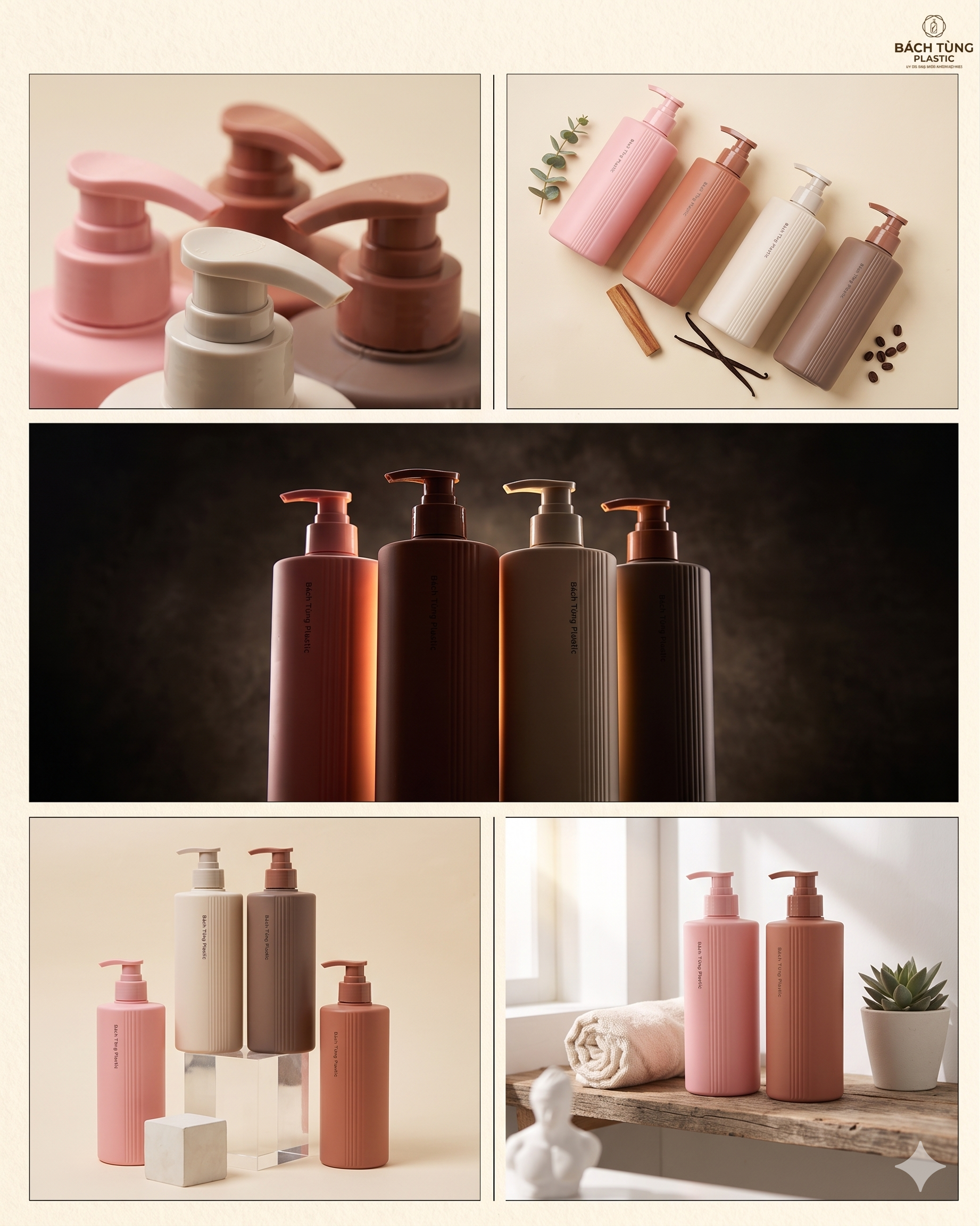BỘ CHAI HDPE TONE NÂU – HỒNG – BE | DÁNG TRỤ THÂN DÀI 