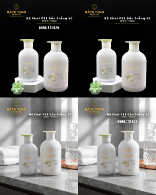 BỘ CHAI PET DÁNG BẦU TRẮNG SỨ – 300ML & 500ML – VÒI NHẤN ĐẦU TO