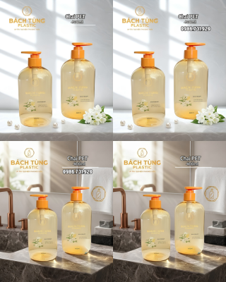 CHAI NHỰA PET 400ML – MÀU VÀNG KẾT HỢP VÒI NHẤN LÁ VÀNG