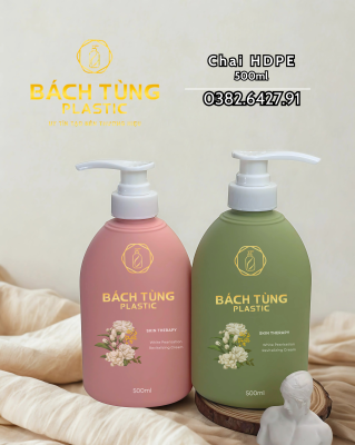 CHAI HDPE DÁNG BẦU 500ML – MÀU HỒNG / MÀU XANH – CỔ FI33 + NHẤN TRẮNG 