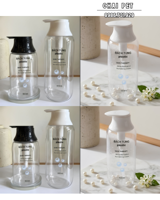 CHAI PET TRONG SUỐT DÁNG TRÒN – 300ML & 500ML – KẾT HỢP NẮP PUMP TRẮNG/ĐEN