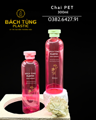 Chai PET 300ml màu hồng dáng tròn dài – kết hợp nắp bật màu xanh hoặc hồng
