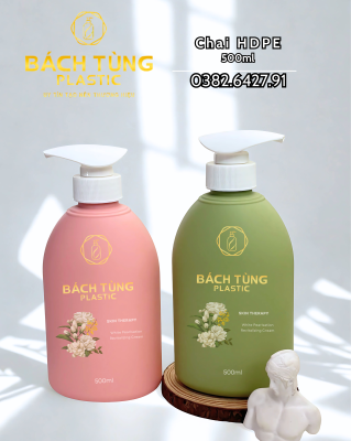 CHAI HDPE DÁNG BẦU – MÀU HỒNG / MÀU XANH – CỔ FI33 + NHẤN LÁ TRẮNG 