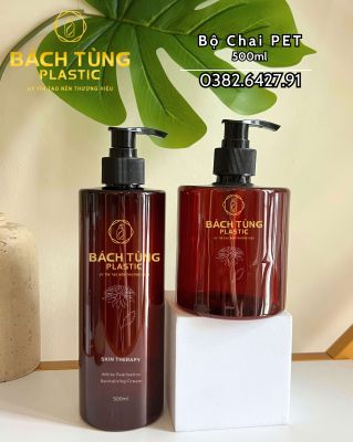 BỘ ĐÔI CHAI PET DÁNG TRÒN 500ML – MÀU NÂU – KẾT HỢP VÒI NHẤN FI28