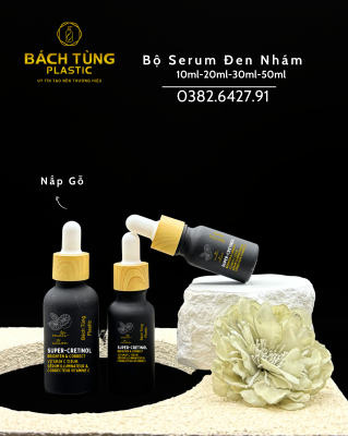 BỘ CHAI SERUM THỦY TINH ĐEN NHÁM – PHỐI NẮP GỖ 10ml | 20ml | 30ml | 50ml