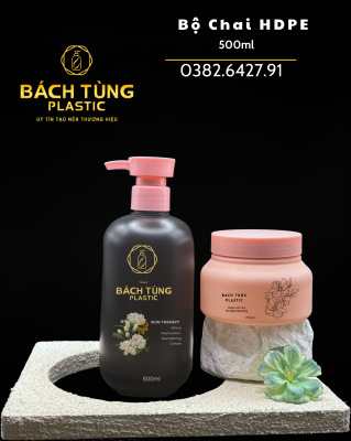 CHAI LỌ NHỰA ĐEN HDPE 500ML + HŨ KEM PHỦ NHUNG 250GRAM – PHỐI MÀU HỒNG ĐỒNG BỘ