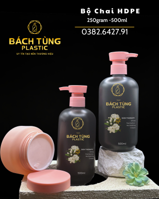 CHAI LỌ NHỰA ĐEN HDPE 500ML + HŨ KEM PHỦ NHUNG 250GRAM – PHỐI MÀU HỒNG ĐỒNG BỘ