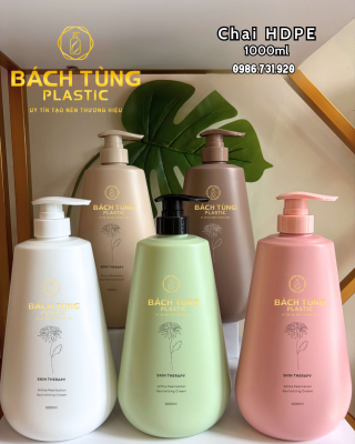 BỘ CHAI HDPE DÁNG BẦU 1000ML – 5 MÀU SANG TRỌNG: XANH, HỒNG, TRẮNG, NÂU, BE