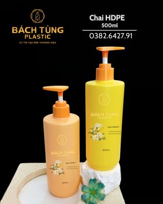 CHAI HDPE 500ML – DÁNG TRỤ, MÀU VÀNG CHANH & MÀU MƠ, KẾT HỢP VÒI NHẤN VÀNG 