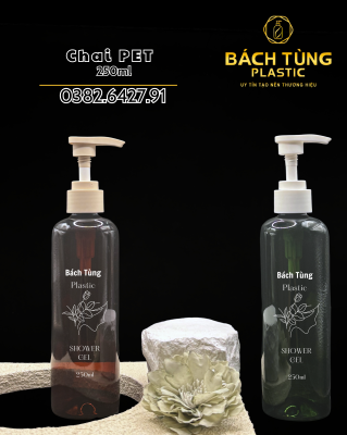 Chai PET tròn dài 250ml màu nâu và xanh trong