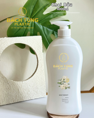 Chai HDPE Dáng Bầu 1000ml – Màu Trắng, Nắp Nhấn Lá FI33