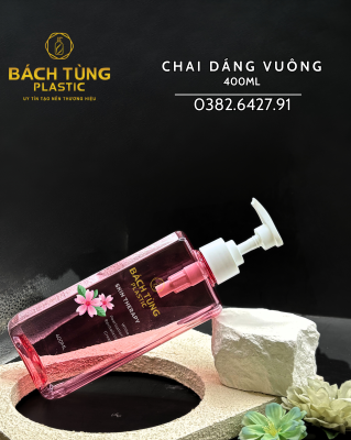 Chai PET - Dáng Vuông - 400ml - Màu Hồng Trong Suốt