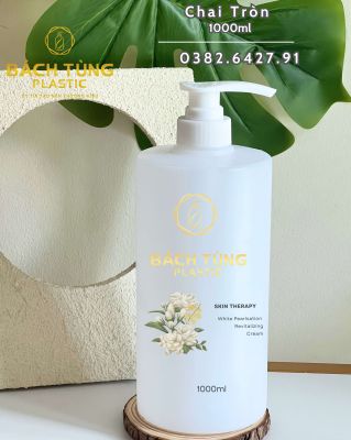 Chai HDPE Dáng Tròn 1000ml – Nắp Nhấn Sọc FI33 Màu Trắng