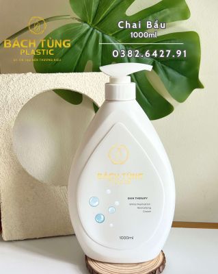 Chai HDPE Dáng Bầu 1000ml – Màu Trắng Sữa, Thân Hình Giọt Nước, Nắp Nhấn FI33 Trắng