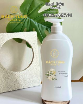 Chai HDPE Dáng Bầu 1000ml – Màu Trắng, Nắp Nhấn Lá FI33