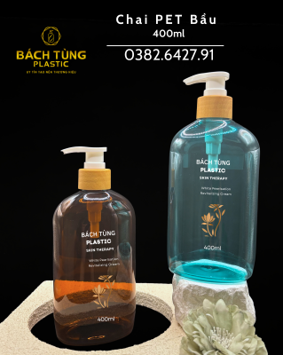 CHAI PET DÁNG BẦU 400ML + NẮP VÂN GỖ MÀU NÂU