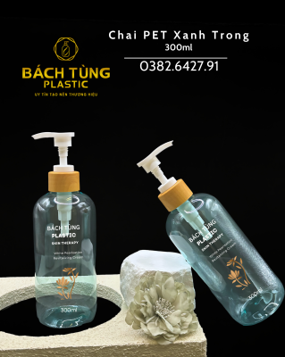 CHAI PET DÁNG TRÒN 300ML – XANH TRONG + NẮP NHẤN TRẮNG/ĐEN VIỀN VÂN GỖ