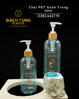 CHAI PET DÁNG TRÒN 300ML – XANH TRONG + NẮP NHẤN TRẮNG/ĐEN VIỀN VÂN GỖ