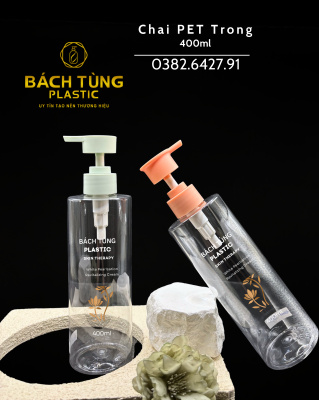 Chai PET dáng tròn trong suốt 400ml, kết hợp vòi nhấn màu hồng và xanh