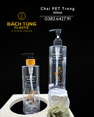 Chai PET trong 400ml dáng tròn kết hợp với vòi nhấn có khoen gỗ