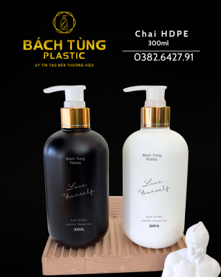 BỘ CHAI NHỰA HDPE 300ML – MÀU TRẮNG & ĐEN TƯƠNG PHẢN | CỔ FI24 | KẾT HỢP NẮP BẬT & NẮP NHẤN NHÀ BÁCH TÙNG