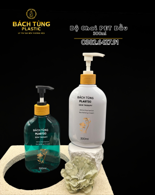 CHAI PET DÁNG BẦU 300ML – PHỐI NẮP NHẤN KHOEN GỖ FI28