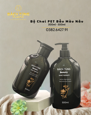 BỘ CHAI PET DÁNG BẦU MÀU NÂU – 300ML & 500ML