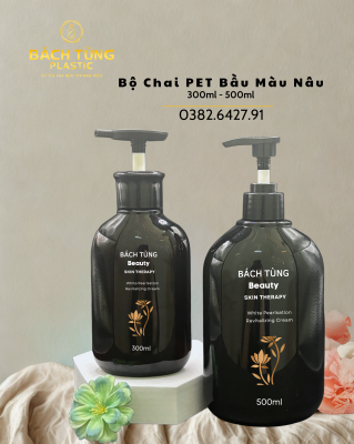 BỘ CHAI PET DÁNG BẦU MÀU NÂU – 300ML & 500ML