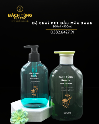 BỘ CHAI PET VUÔNG MÀU XANH NGỌC – 300ML & 500ML